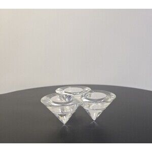 Modern Crystal Triple Tealight Holder MCM Scandinavian Glass Votive 5”